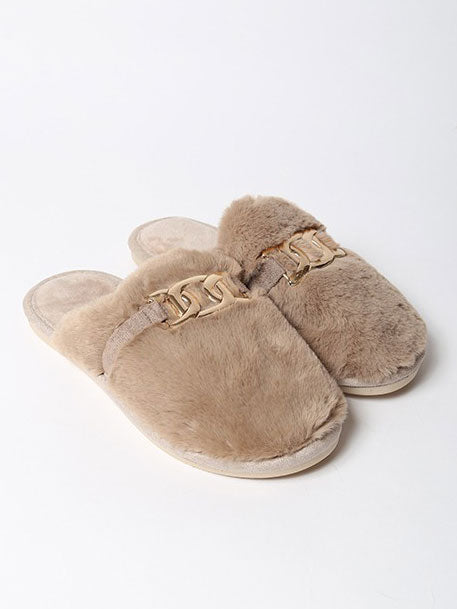 Yasmin - Bløde sutsko i faux fur med guld spænde